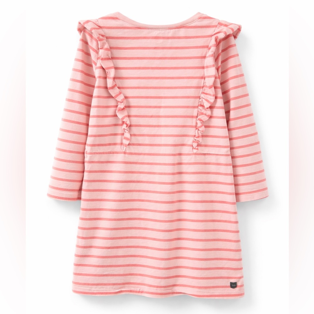 Tea Collection Girls Ruffle Dress Size 8 Pink Coral Stripe Long Sleeve Cotton - Picture 2 of 3